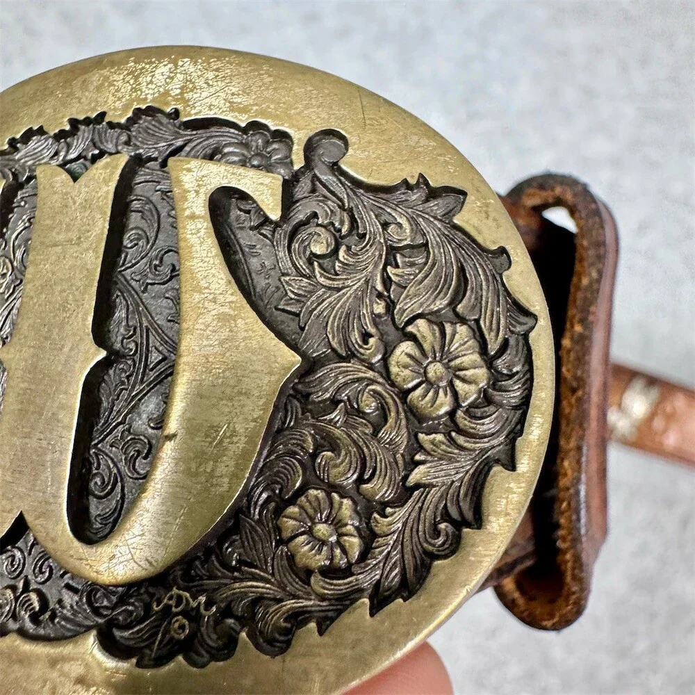 Silver Creek Collection Belt Men’s Brown Western Tooled Brass Buckle